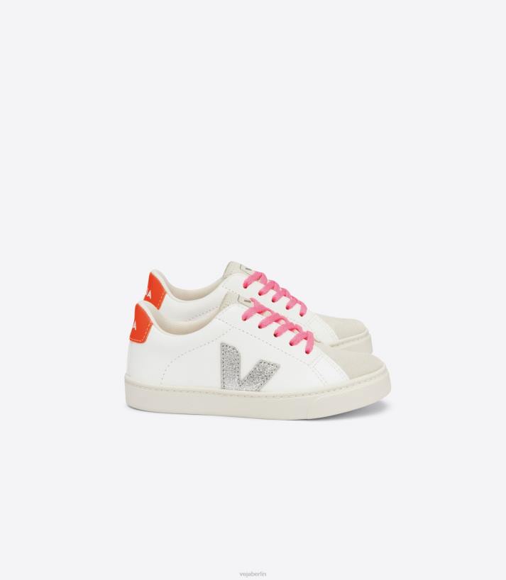 Veja 46FB335 Esplar-Schnürsenkel, chromfreies Leder, Weiß, Silber, Orange, Fluo